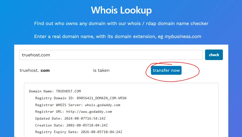 Truehost Whois lookup for Domain name age checking