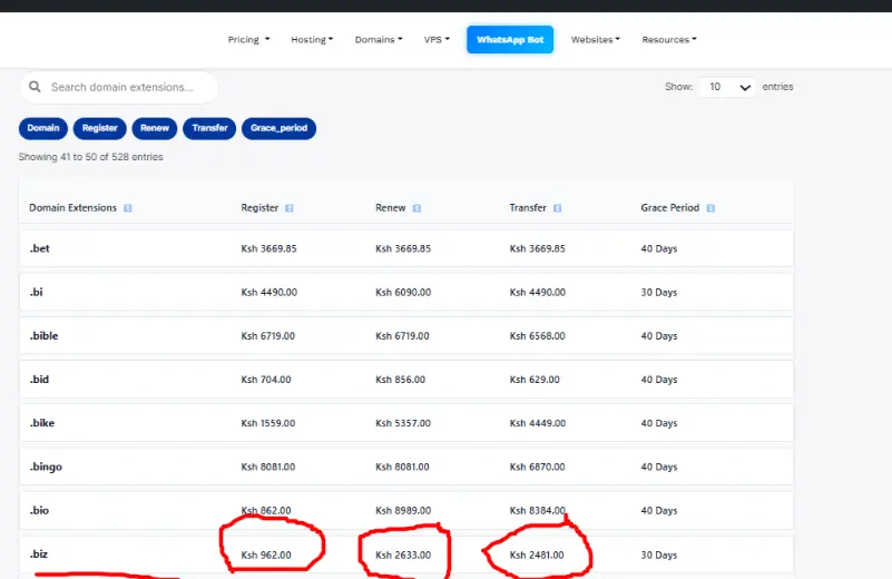 a screenshot showing .biz prices