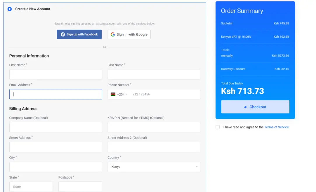 a screenshot of new account creation section