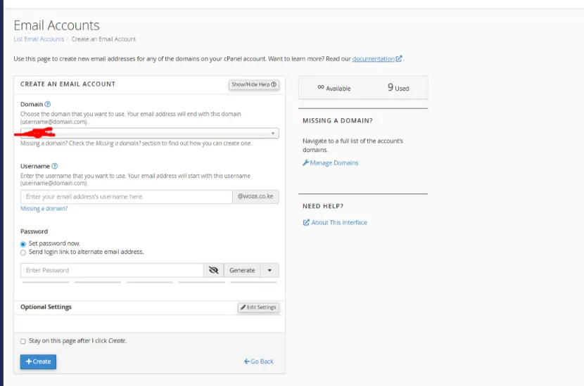 a screenshot of create email accounts section