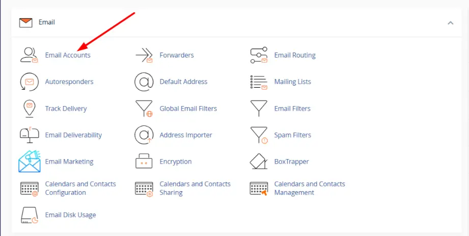 a screenshot of email accounts in cPanel