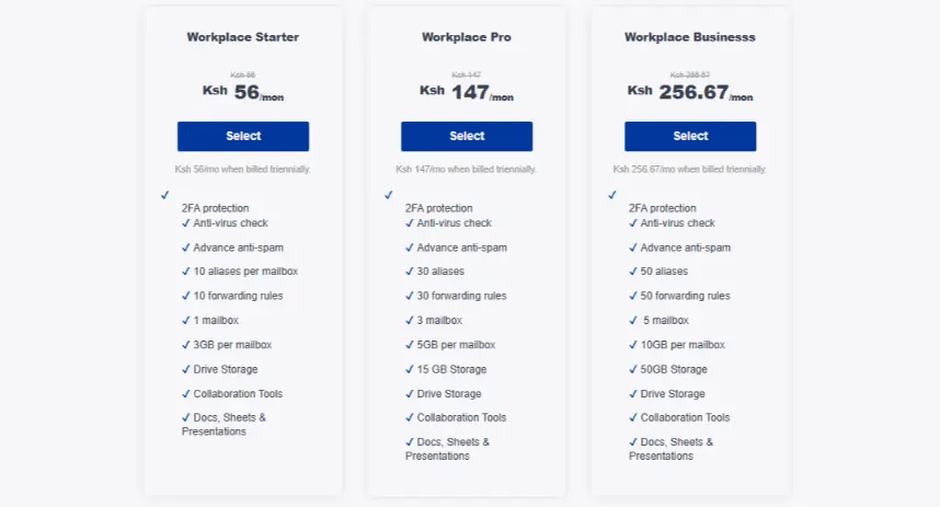 a screenshot of email hosting plans