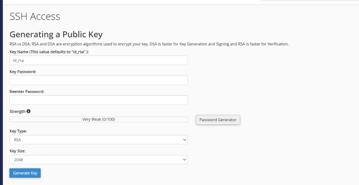 a screenshot of Generate a New Key option section