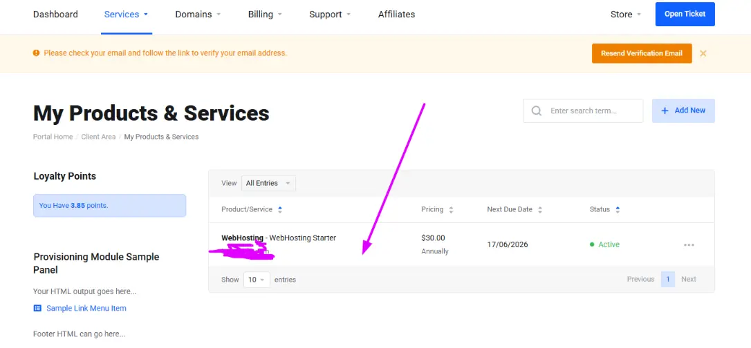 a screenshot of an active hosting plan
