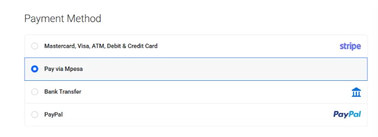 a screenshot of payment methods available in Truehost