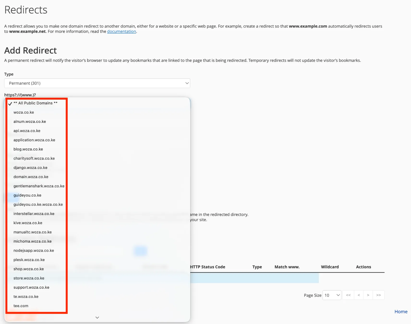 cPanel domain redirect screenshot