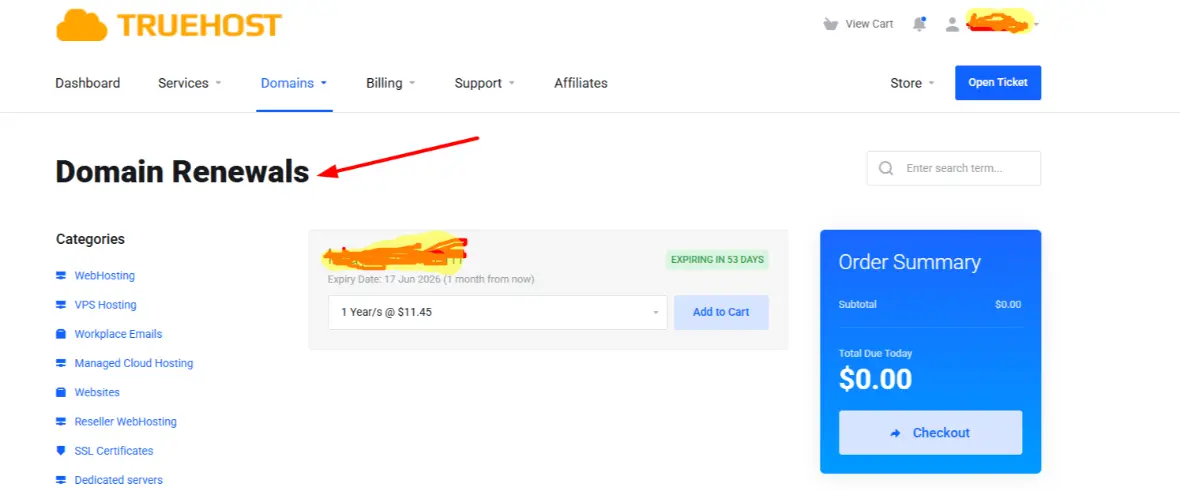 a screenshpt of a domain that is ready for renewal
