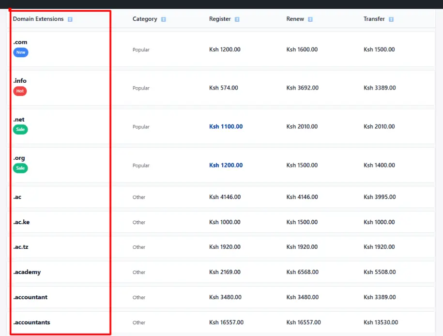 a screenshot of domain extensions