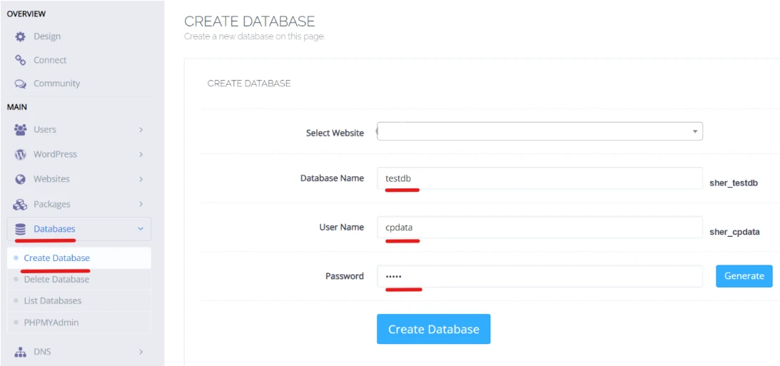 Create databases in CyberPanel Form