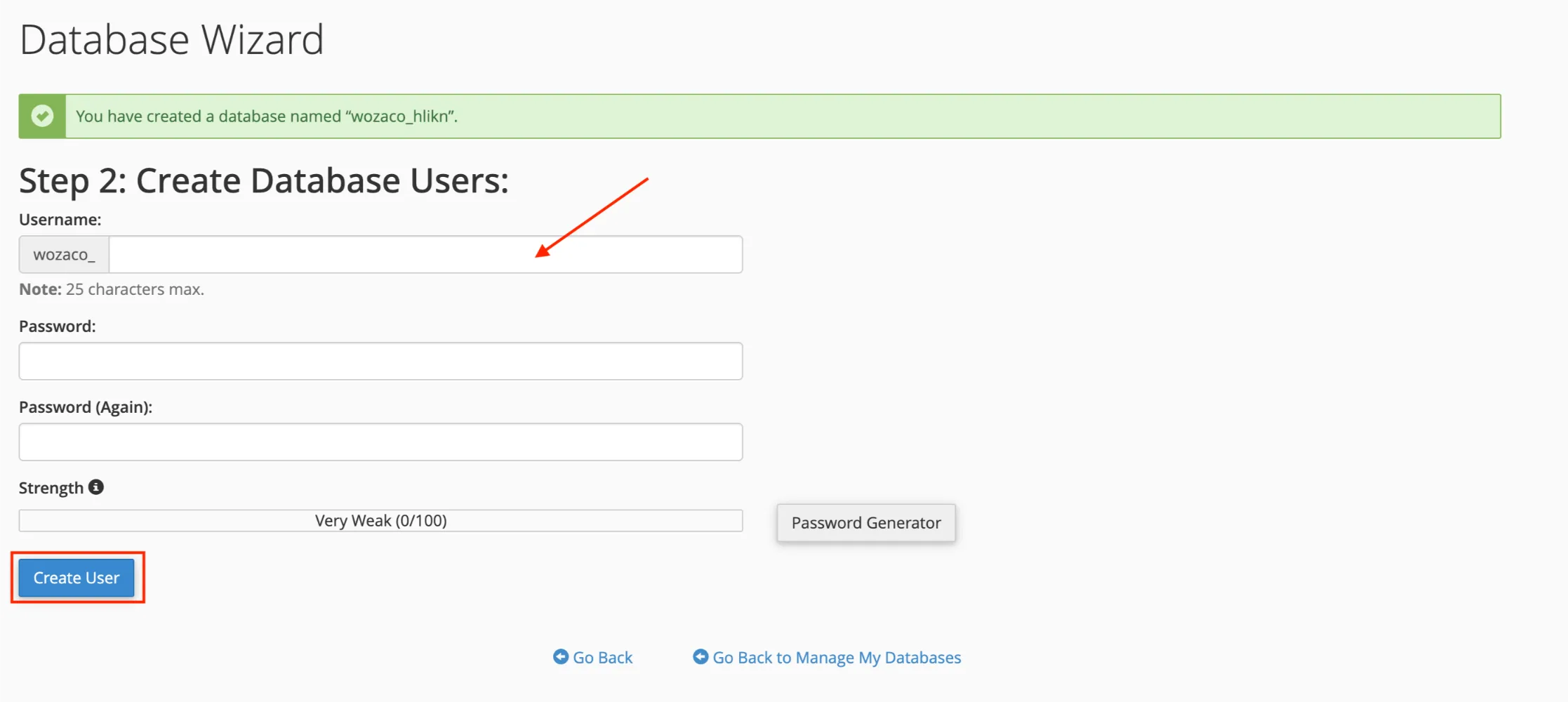 upload a website to cpanel - create user