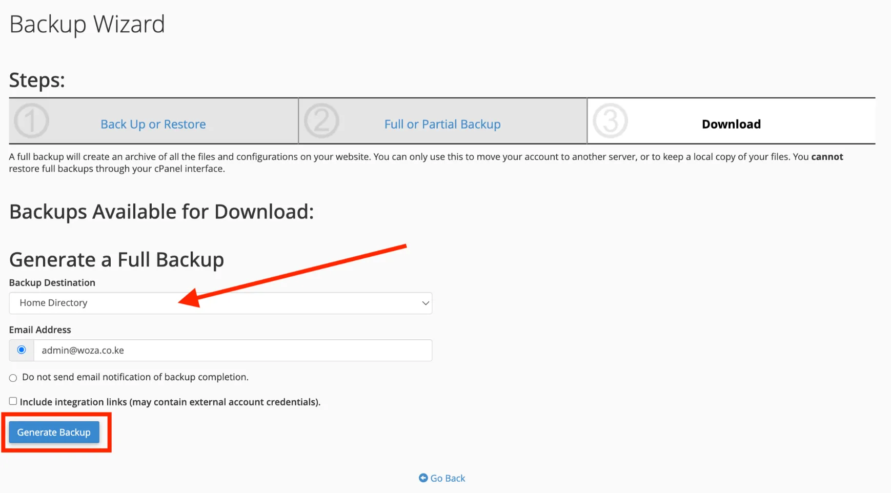 migrate a website to CyberPanel - Generate Backup