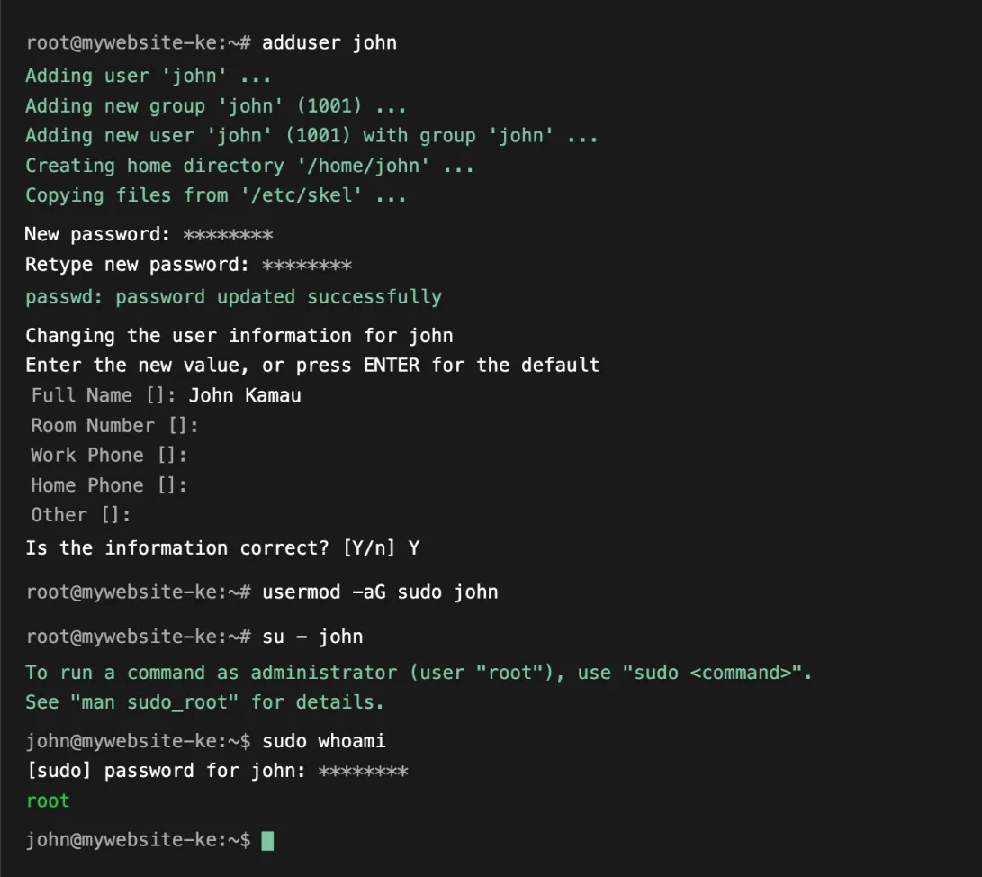 Terminal showing adduser and usermod commands running successfully on a Linux VPS