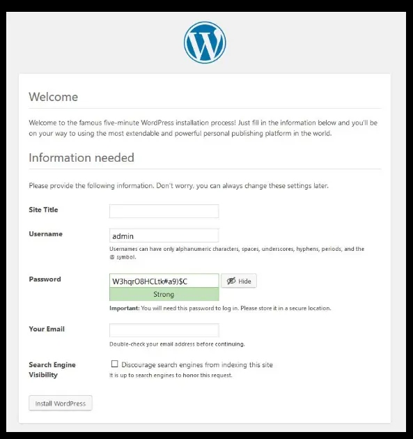 a screenshot of creating WordPress account section