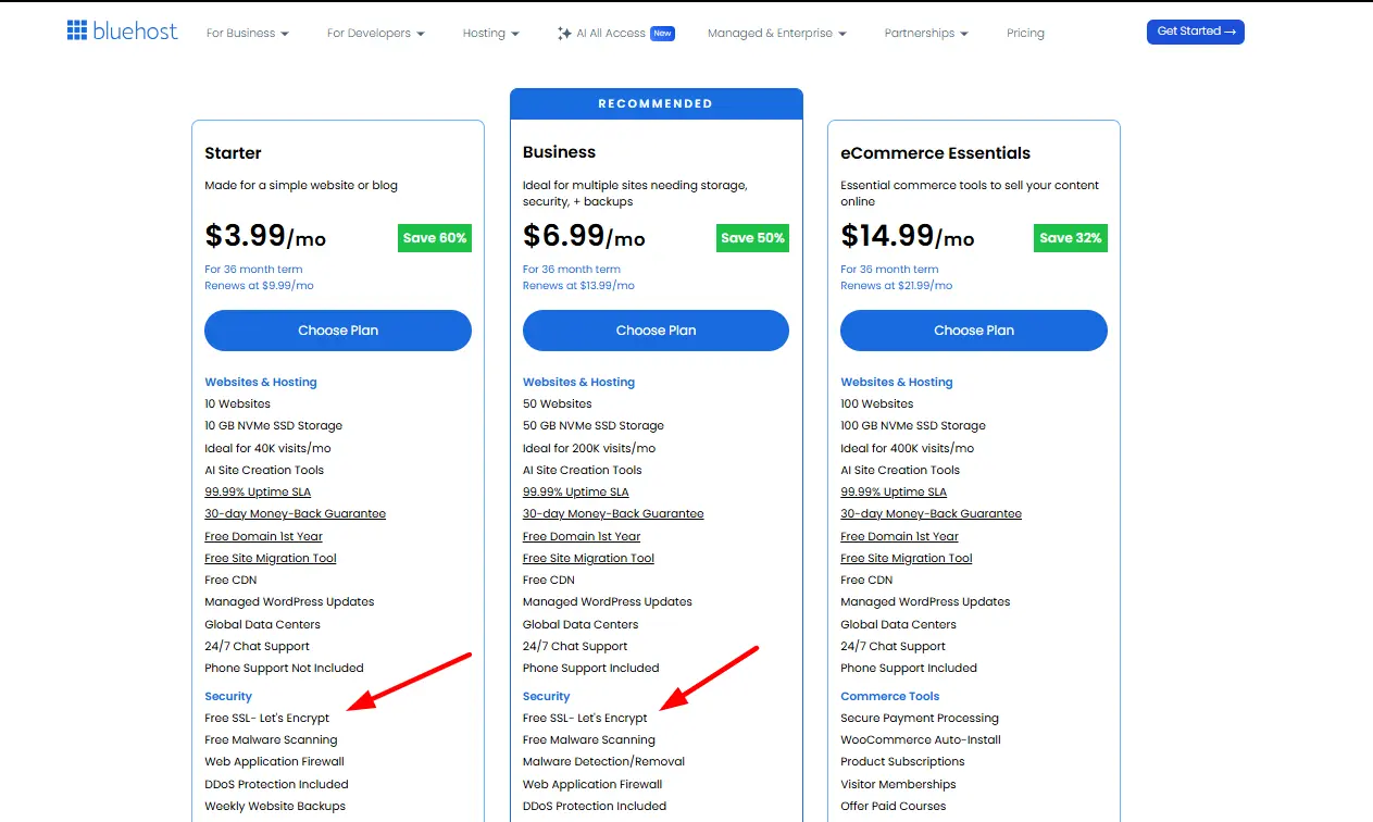 A screenshot of Bluehost plans with SSL certificates