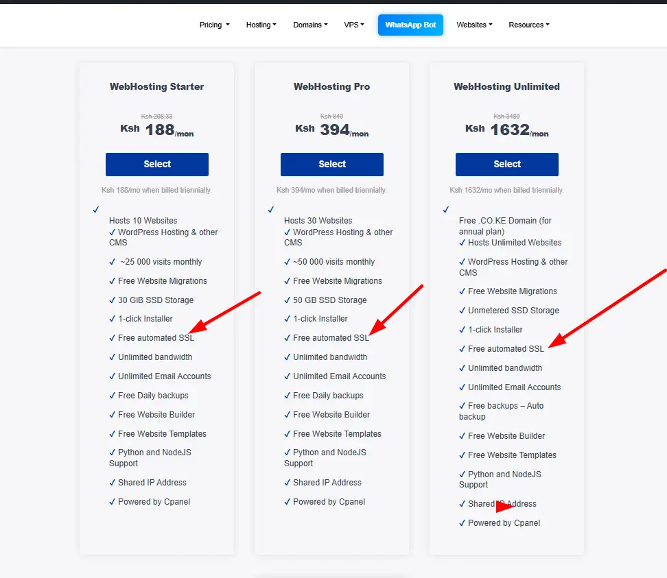 A screenshot of hosting plans with free SSL