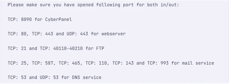 install cyberpanel on vps ports