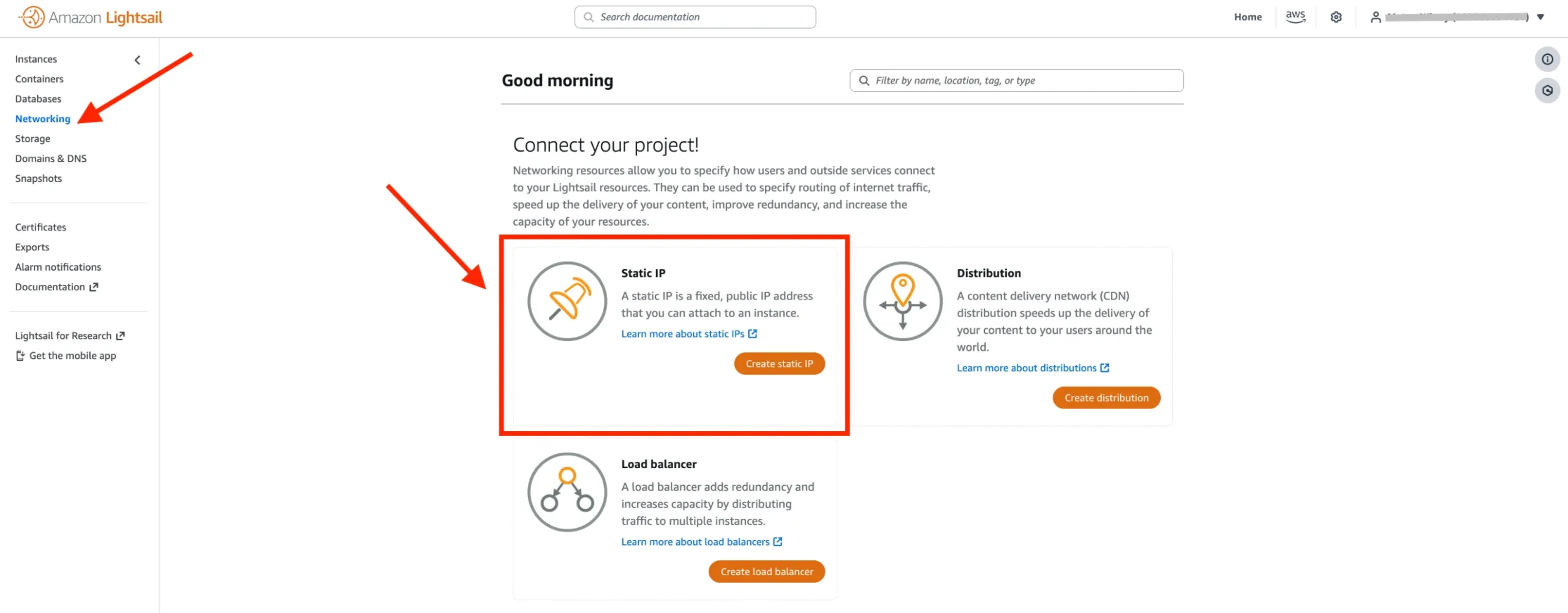 Amazon Lightsail Static IP creation