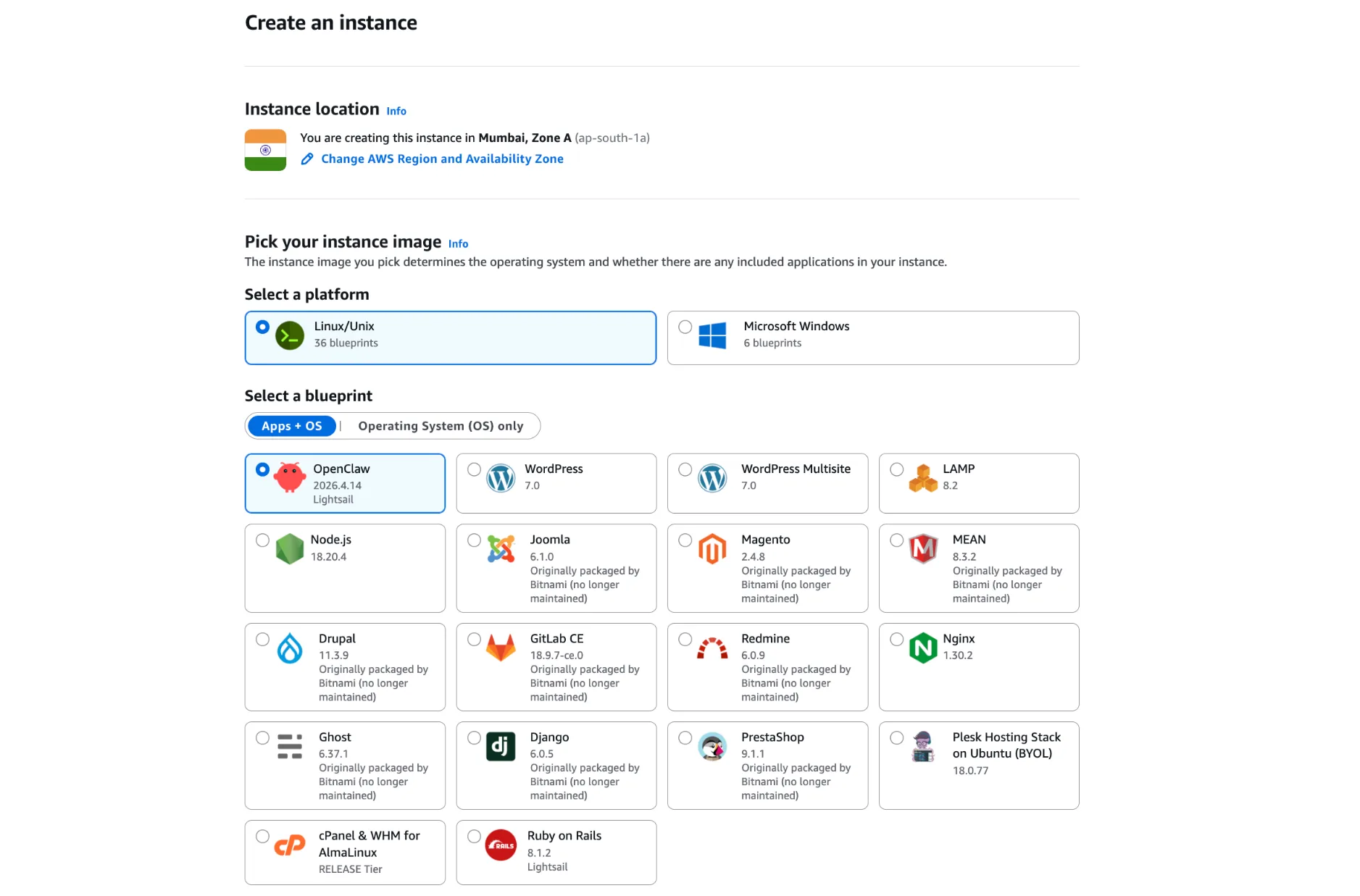 Amazon Lightsail instance creation