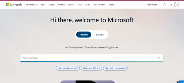 image showing homepage of Microsoft