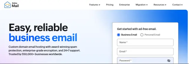 Zoho mail home page