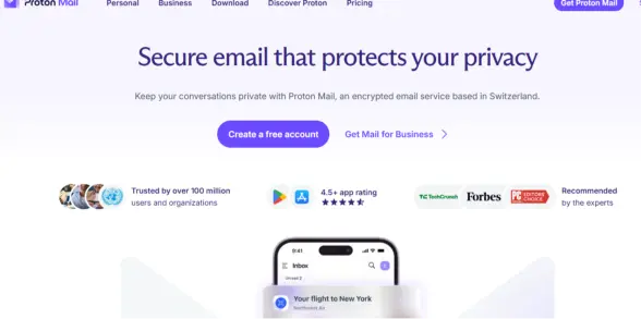 Image showing the homepage of Proton Mail