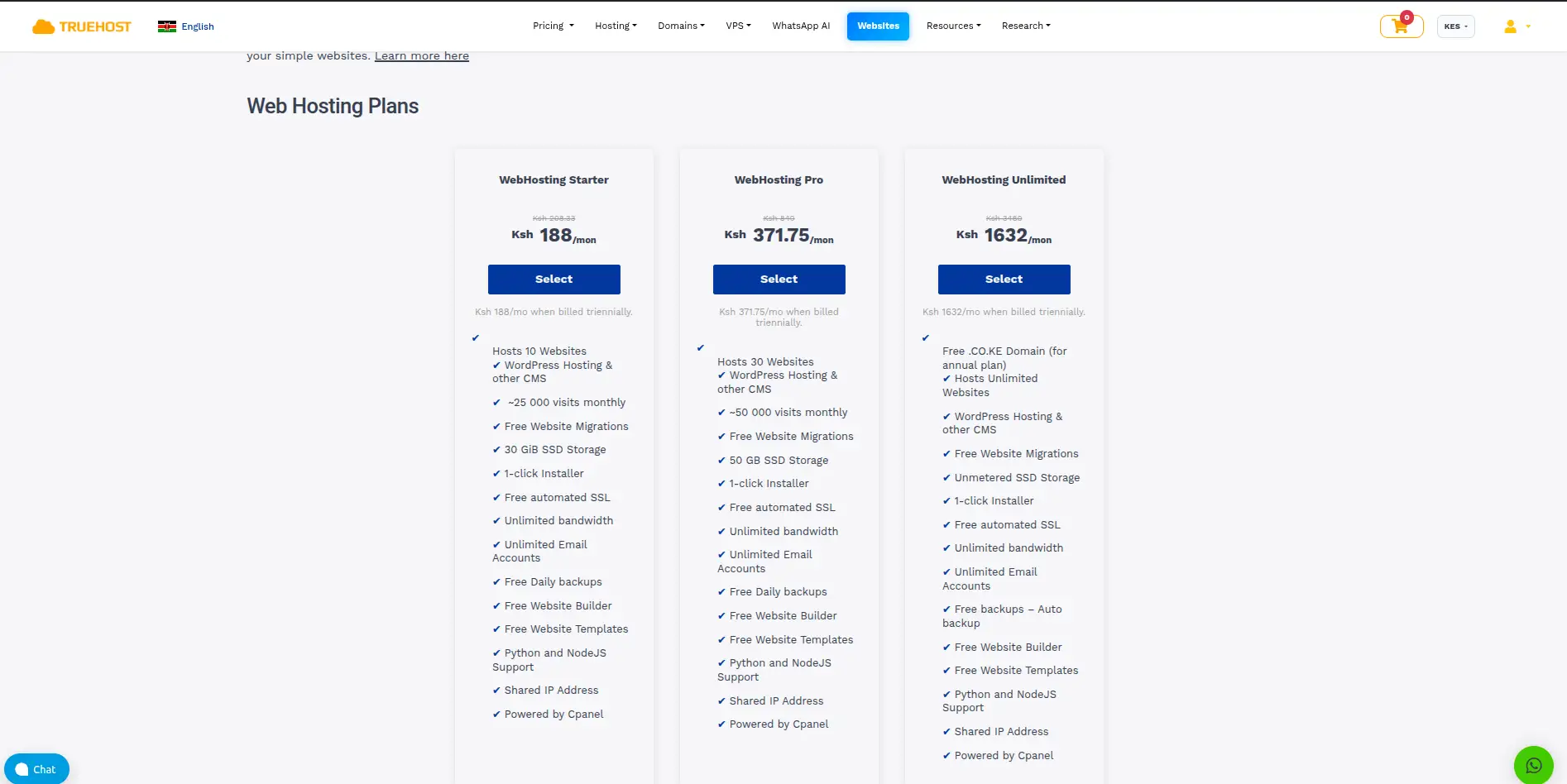 Truehost web hosting Pricing