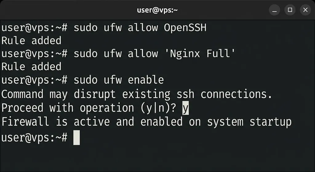 sudo ufw allow OpenSSH

sudo ufw allow 'Nginx Full'

sudo ufw enable