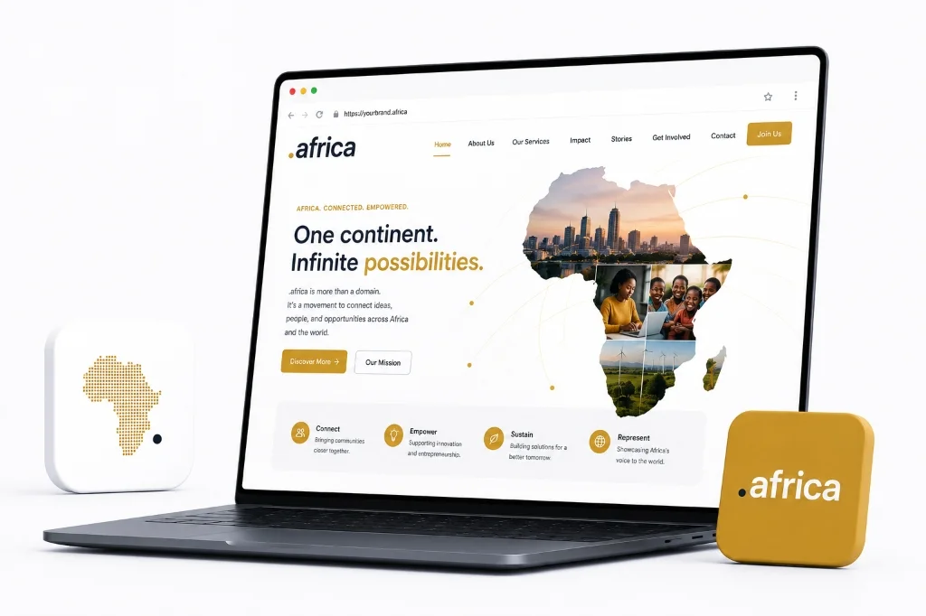 Pan-African brand website template mockup on a laptop showing a .africa domain