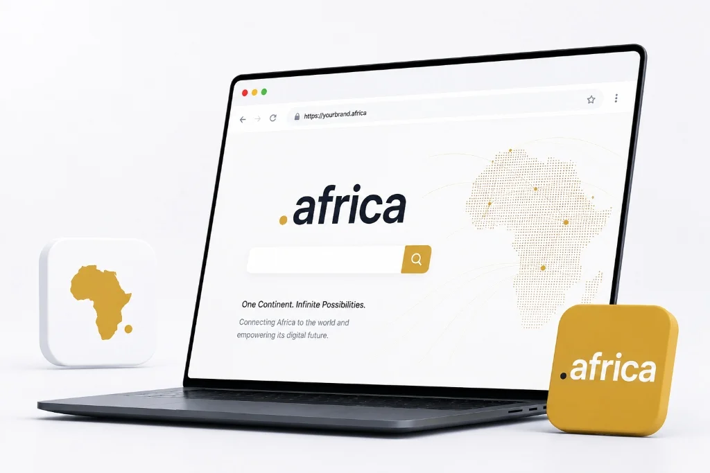 Official .africa domain registration search page mockup on a laptop