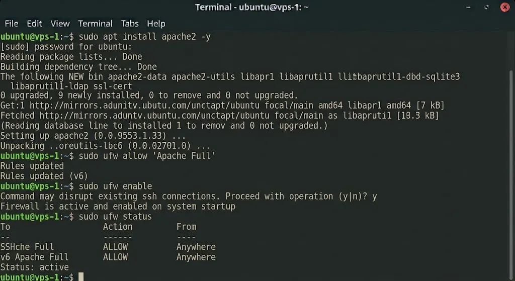 sudo ufw allow 'Apache Full'
sudo ufw enable
sudo ufw status