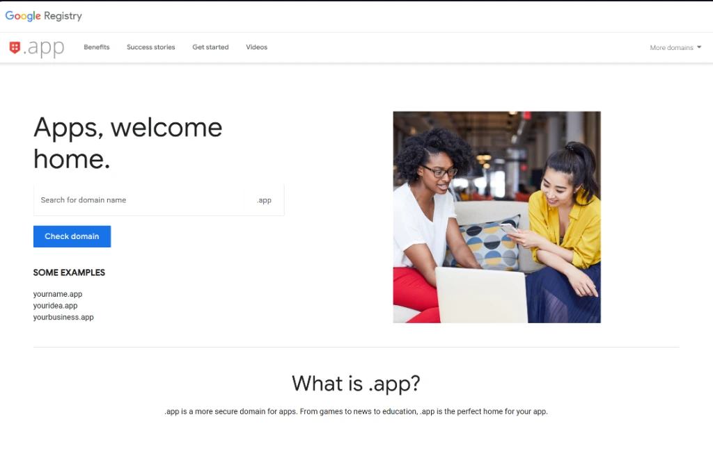 Google Registry .app website showing apps welcome home text and two people working together
