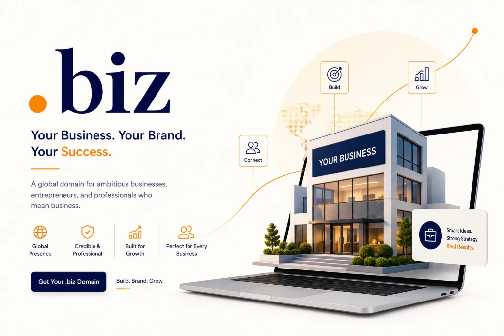 .biz domain branding mockup showing a commercial building emerging from a laptop — Build, Connect, Grow