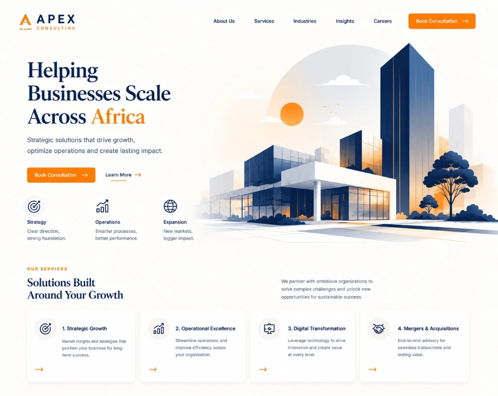 Full-page screenshot of APEX Consulting — a professional consulting business website on a .biz domain