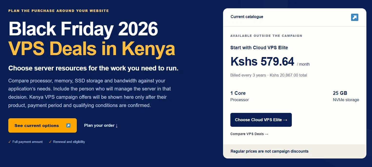 Black Friday 2026
VPS Deals in Kenya
Choose server resources for the work you need to run.