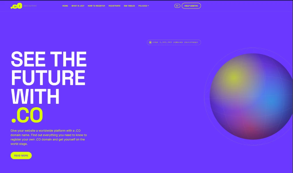 See the Future with .co domain visualization showing modern graphics and global reach elements