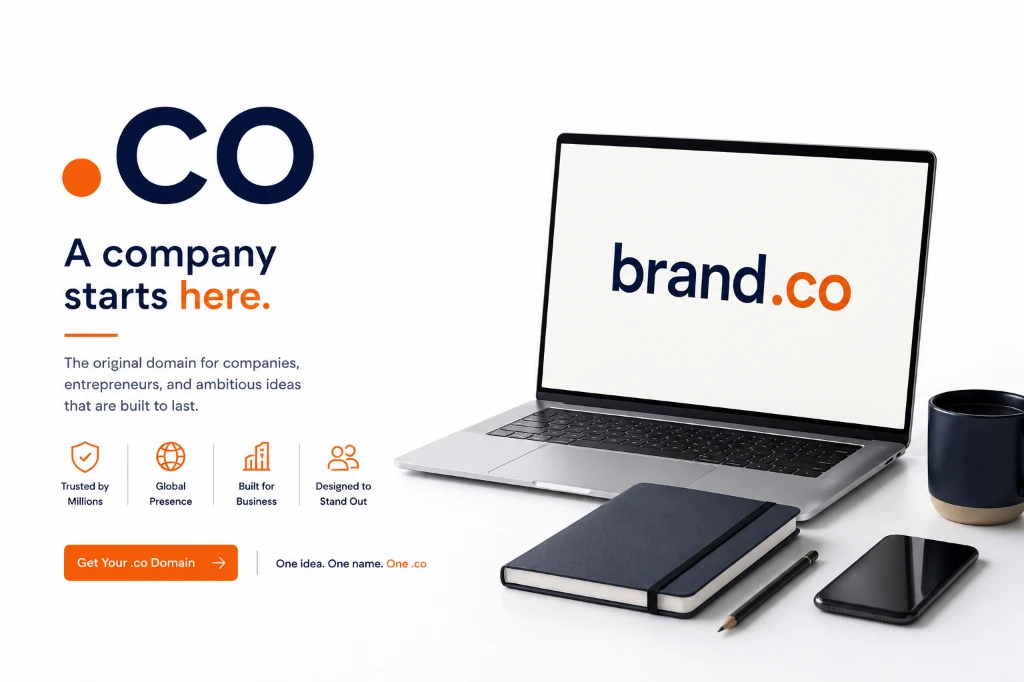 .co domain branding mockup showing a premium Nexora Solutions business webpage on a laptop screen