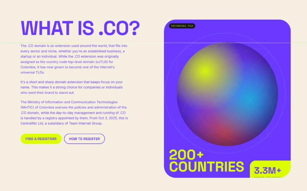 What is .co domain representation showing 200+ countries and 3.3M+ domains registered