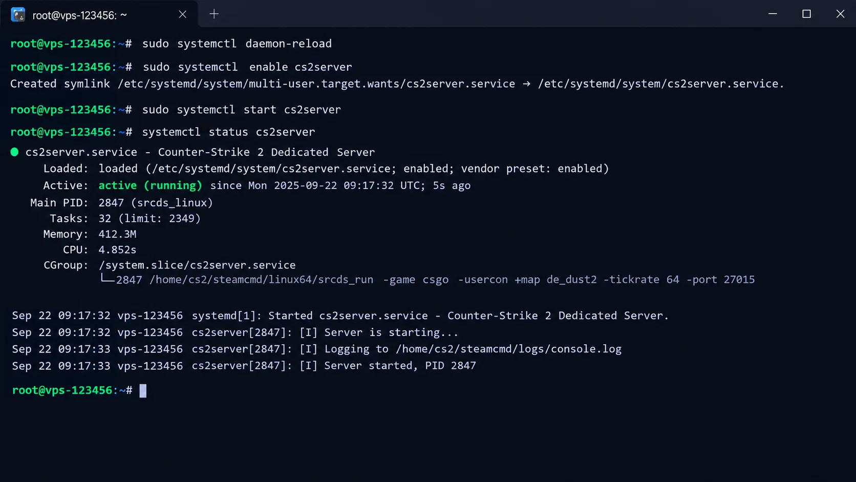 sudo systemctl daemon-reload
sudo systemctl enable cs2server
sudo systemctl start cs2server