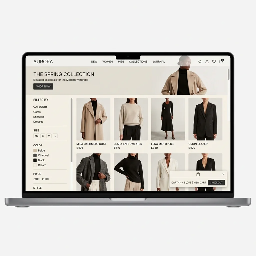Fashion eCommerce storefront with KES product prices displayed on a laptop