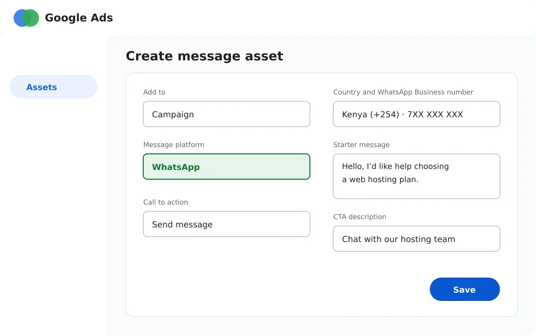 Illustration of the Google Ads Message Asset configuration panel