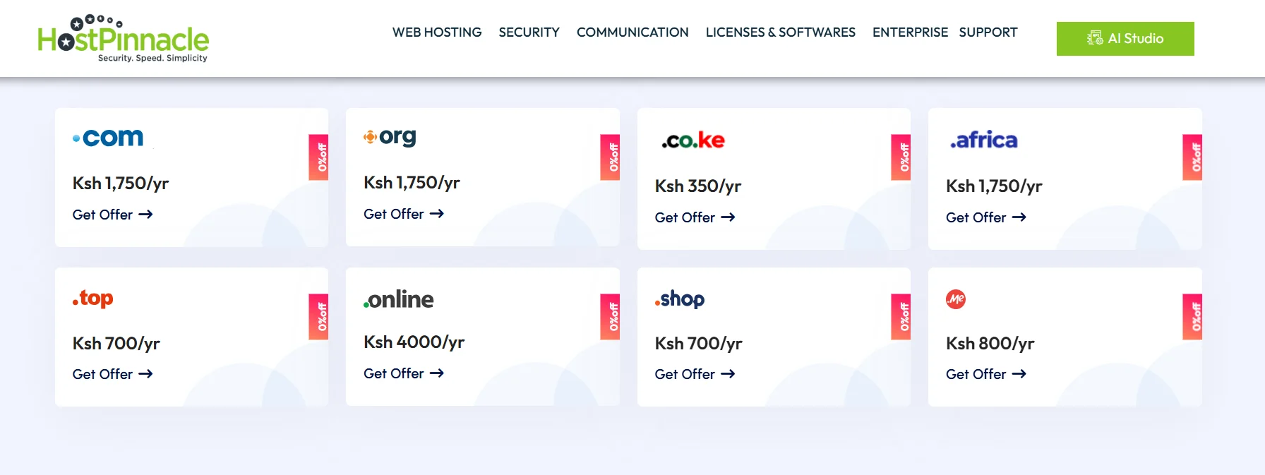 Domain pricing options from HostPinnacle Various domain offers from HostPinnacle including prices in Ksh