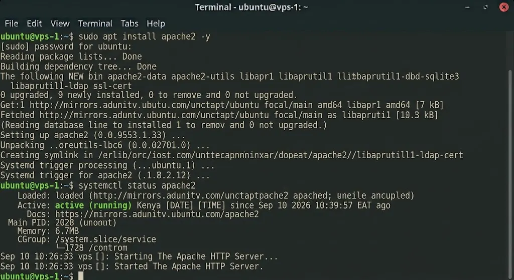 sudo apt install apache2 -y
systemctl status apache2