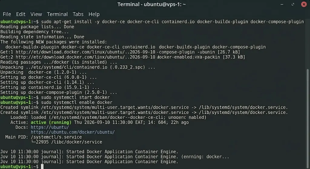sudo apt-get install -y docker-ce docker-ce-cli containerd.io docker-buildx-plugin docker-compose-plugin