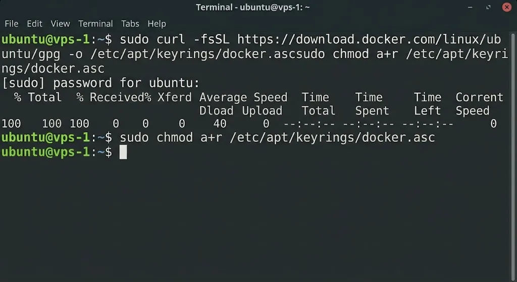 sudo curl -fsSL https://download.docker.com/linux/ubuntu/gpg -o /etc/apt/keyrings/docker.asc
sudo chmod a+r /etc/apt/keyrings/docker.asc
