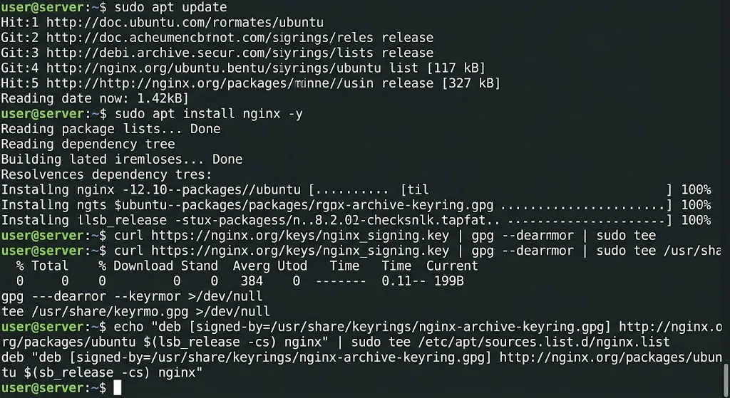 sudo apt update

sudo apt install nginx -y
curl https://nginx.org/keys/nginx_signing.key | gpg --dearmor | sudo tee /usr/share/keyrings/nginx-archive-keyring.gpg >/dev/null