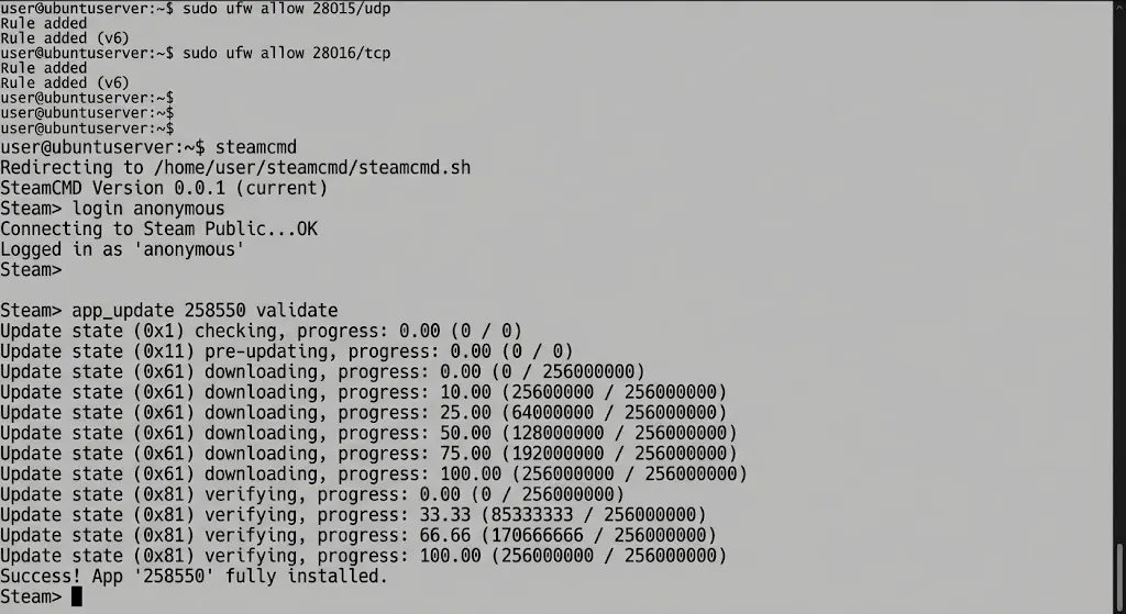 steamcmd server app_update 258550 validate