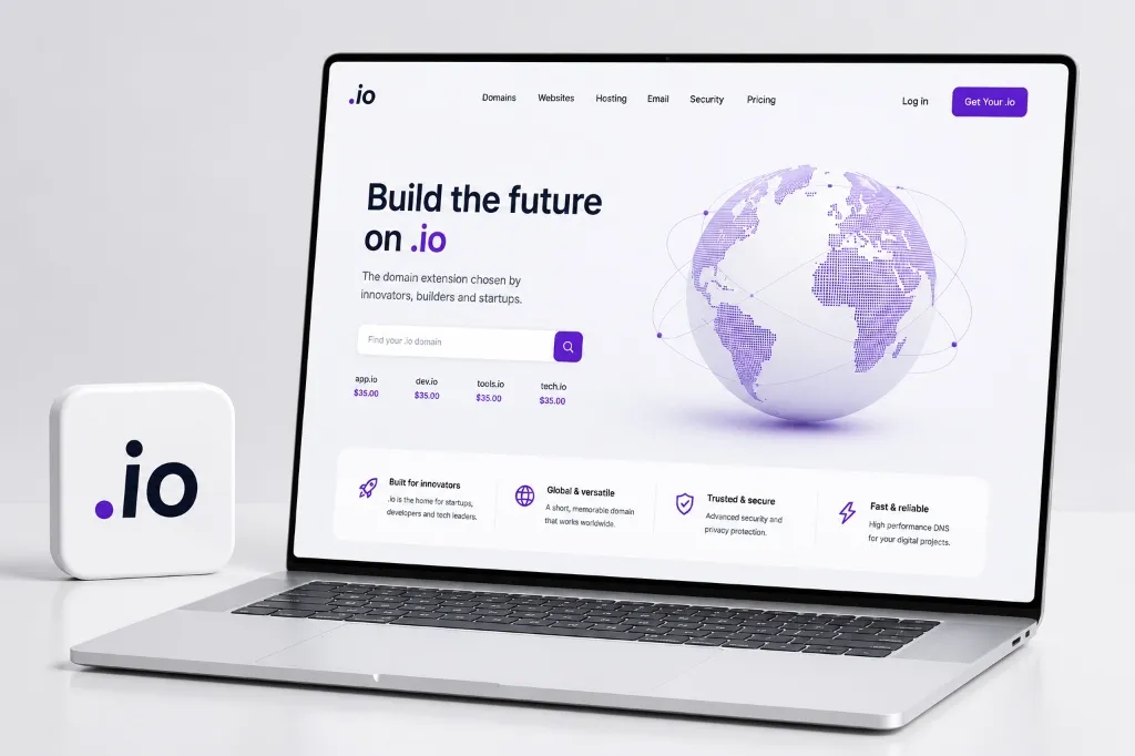 Laptop showing a startup SaaS dashboard website on a .io domain