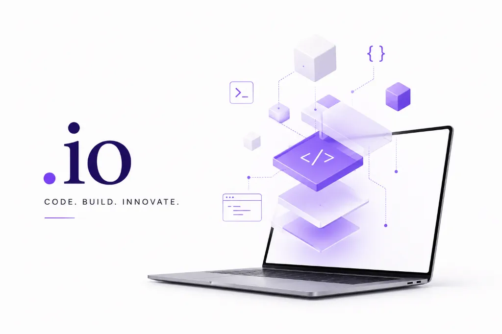 Official .io domain registration search page mockup on a laptop