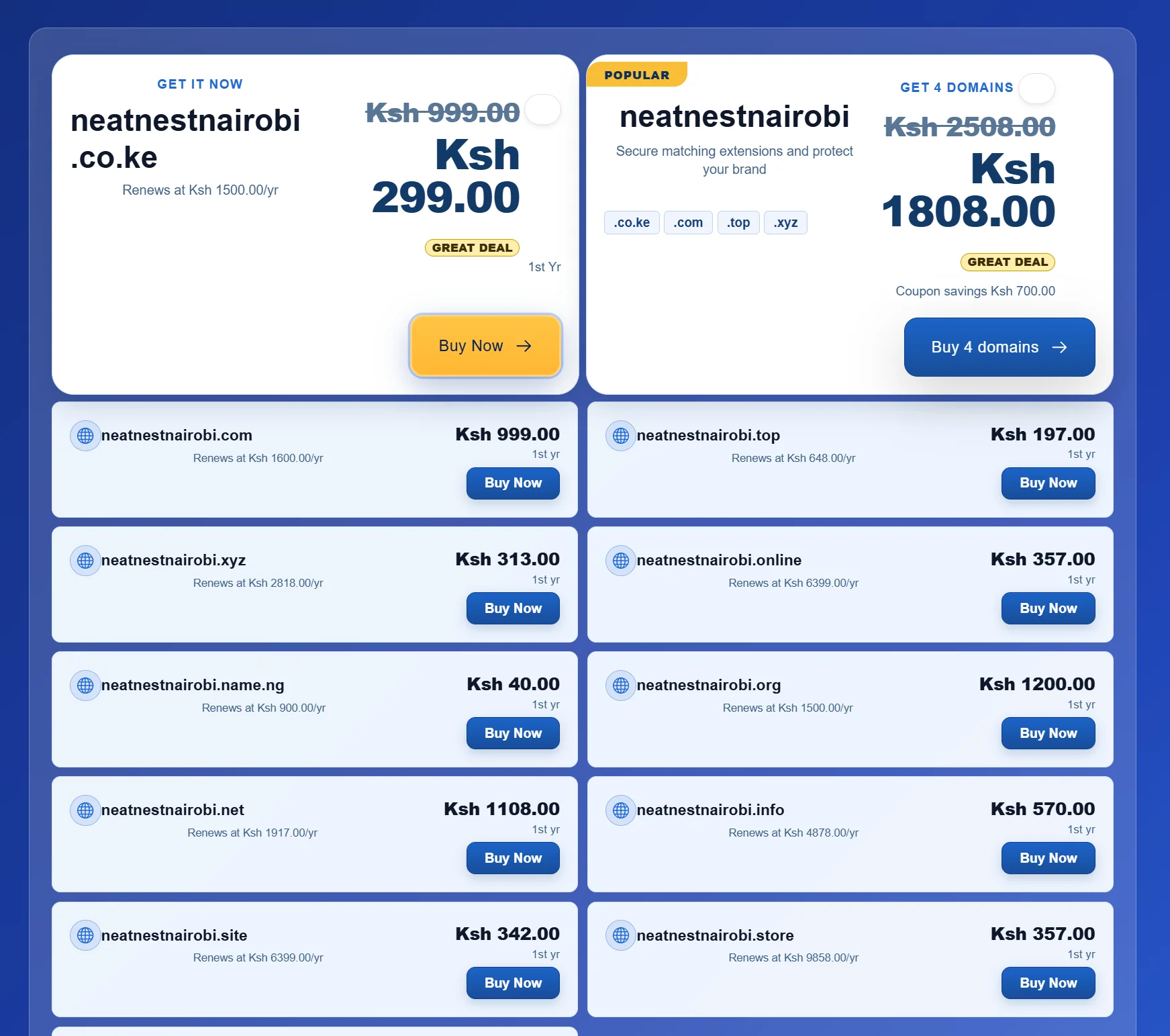 Kenyan Domain Name Search Results UI A user interface displaying various domain name ideas in Kenya for 'neatnestnairobi' with prices in Kenyan Shillings and 'Buy Now' buttons