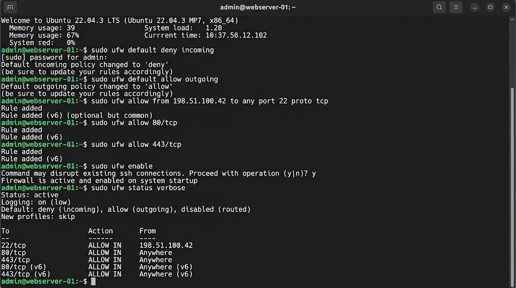 sudo ufw default deny incoming
sudo ufw default allow outgoing
sudo ufw allow from YOUR_OFFICE_IP to any port 22 proto tcp
sudo ufw allow 80/tcp
sudo ufw allow 443/tcp
sudo ufw enable
sudo ufw status verbose